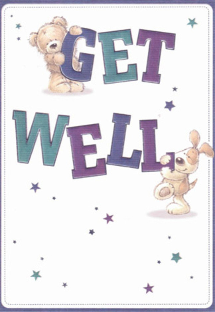 Brimming with encouragement, this get well card showcases a delightful pairing of a friendly bear and a playful puppy, their joyful energy matched only by the twinkling stars that dance around them. The grand, confident letters of 'GET WELL' are shaded in cheerful purples and teals, grounding the composition in colourful optimism that echoes the arrangements made at flower stalls on Old Woking Road. There's a tender tactility to the illustrations-the fluff of the bear, the puppy's velvety ears, and the starry details-that conjures the comforting textures of fresh bouquets so often shared among neighbours in West Byfleet. The clean, gentle backdrop offers a sense of renewal, as if capturing the purity of Sunday mornings near West Byfleet Recreation Ground. Every detail-from the jubilant animals to the radiant typography-feels carefully balanced, creating a visual embrace as reassuring as a warm cup of tea or a bouquet delivered with care to a friend in need. It's this blend of innocence, sincerity, and local spirit that makes the card especially comforting for the West Byfleet community.